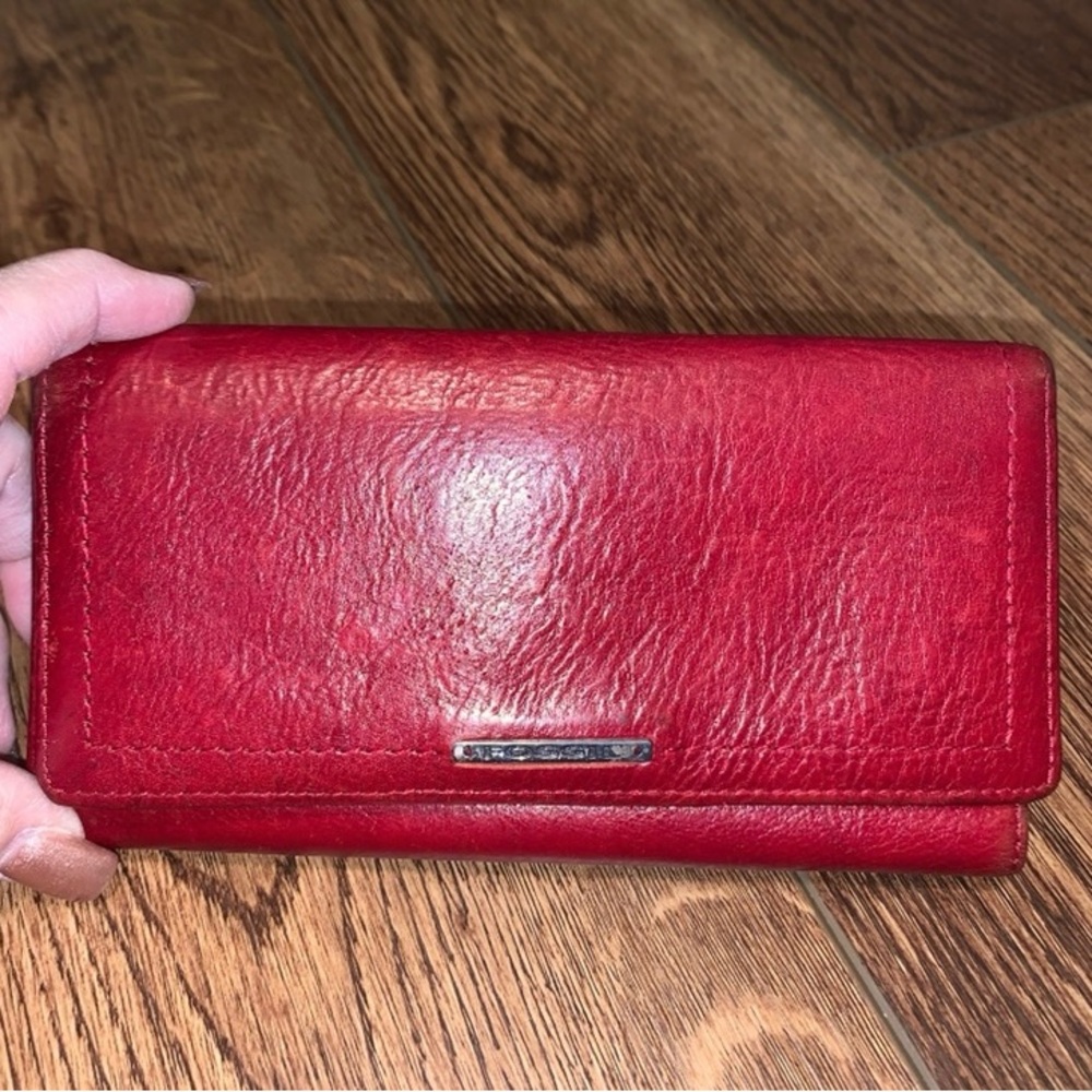FOSSIL: Red Leather Zippered Tri-Fold Wallet